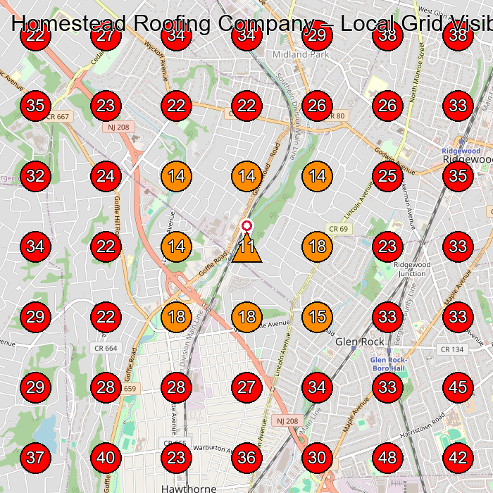 Homestead Roofing Company GeoGrid visibility map for Roofing Contractor in Ridgewood